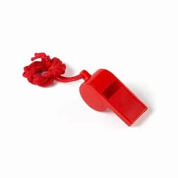 A red whistle with a textured surface, attached to a red cord for hanging.