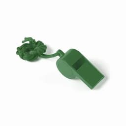 A green whistle attached to a matching green lanyard, designed for sports or events.