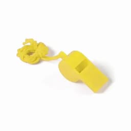 A yellow whistle with a textured finish and a rope attachment.