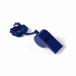 A navy blue whistle with a textured surface and a cord attached for easy carrying.