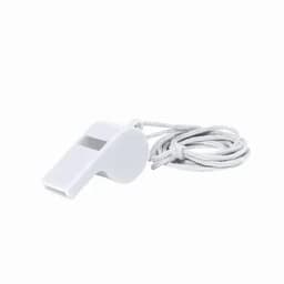 A white whistle with a grey cord is displayed against a plain background.