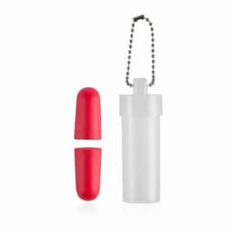 A drink bottle featuring a clear body with a red cap and a attached chain.