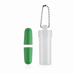 A drink bottle with a white body and green cap, featuring a chain for attachment and an additional green cover.