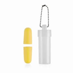 A drink bottle in white with a yellow lid and a chain. The lid is separated from the bottle in the image.
