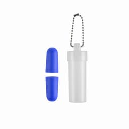 A drink bottle in white with a blue cap and a chain, featuring a sleek design and a logo.