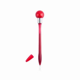 A red pen with a round top and a silver band, accompanied by a matching cap.