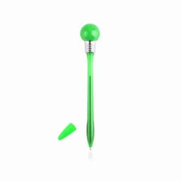 A green pen with a round top and a removable cap, featuring a shiny metallic accent.