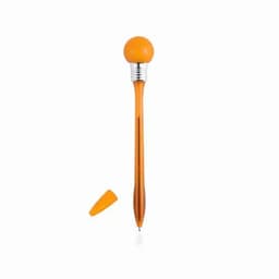 An orange pen with a round top and a removable cap, featuring a chrome finish on the barrel.