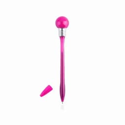 A pink pen with a spherical top and metallic accents, featuring a removable cap.
