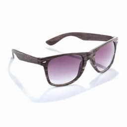 Sunglasses with a wood-patterned frame and purple gradient lenses, featuring a logo on the side.