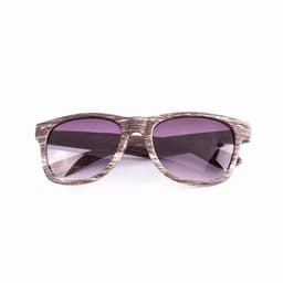 A pair of sunglasses with a wooden pattern frame and purple tinted lenses. The design is stylish and contemporary.