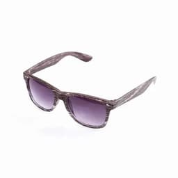 A pair of sunglasses with a textured frame in brown and purple gradient lenses. The design includes a logo on the arm.