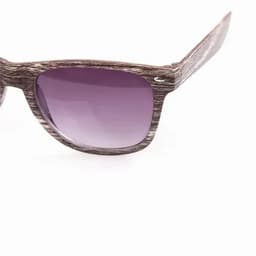 A pair of sunglasses with wooden-textured frames and purple-tinted lenses. The sunglasses feature a logo on the side.