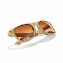 A pair of wooden sunglasses with brown lenses and a natural wood finish, featuring a simple design and logo.