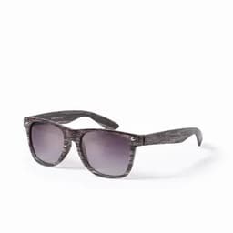 A pair of sunglasses with a stylish black patterned frame and gradient grey lenses. It features a logo on the arm.