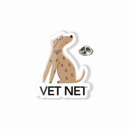 A sticker featuring a brown dotted dog illustration with the text "VET NET" below, along with a silver button.