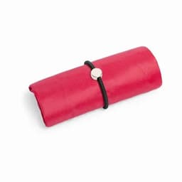A red folded product with a black strap and a silver fastening. It has a textured surface and is compact in shape.