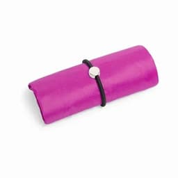 A purple, rolled-up product secured with a black elastic band and silver fastener, featuring a smooth texture.