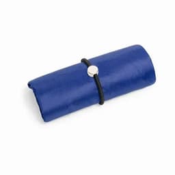 A blue rolled-up product secured with a black band and silver button. It has a textured surface.