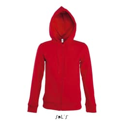 A red women's hoodie with a lined hood and hidden zip, made from 50% cotton and 50% polyester. Features a logo.