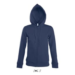 A navy women's hoodie with a lined hood, hidden zip, and made of 50% cotton and 50% polyester. Features a logo.