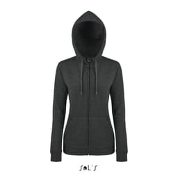 A women's lined hoodie in dark grey with a hidden zip, made from 50% cotton and 50% polyester. It features a logo.