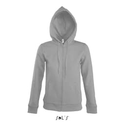 A women's lined hoodie in grey with a hidden zip, made of 50% cotton and 50% polyester. Includes a logo.