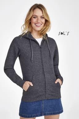 A women's grey lined hoodie with a hidden zip, featuring a hood and pockets. The product has a logo.