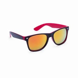 A pair of sunglasses with red and black frames and reflective orange lenses. They feature a logo on the side.