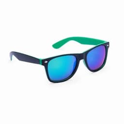 A pair of sunglasses with black and green frames and reflective blue and purple lenses.