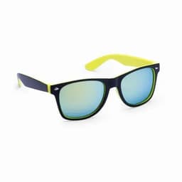Stylish sunglasses featuring a navy frame with bright yellow accents and mirrored lenses.