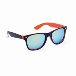 Sunglasses with black frames and orange accents, featuring reflective blue lenses. Includes a logo on the side.