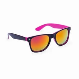 A pair of sunglasses featuring black frames with pink accents and reflective orange lenses.