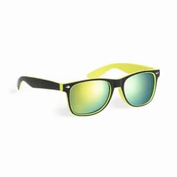 Sunglasses featuring black frames with bright yellow accents and mirrored green lenses. Includes branding on the side.