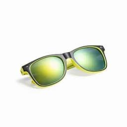 A pair of sunglasses with a black frame and bright yellow accents, featuring green-tinted lenses.