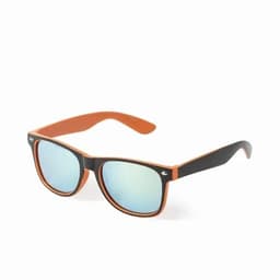 A pair of sunglasses with black frames and orange accents, featuring reflective blue lenses and a logo on the side.