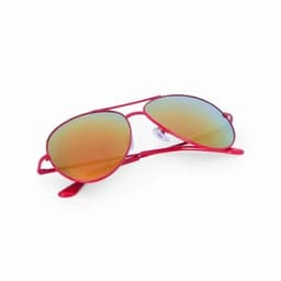 A pair of red sunglasses with mirrored lenses featuring a gradient of colours. The frames are sleek and stylish.