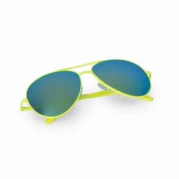 A pair of sunglasses with a bright yellow frame and blue mirrored lenses.