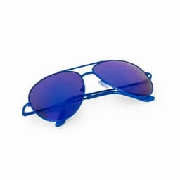 A pair of blue sunglasses with purple-tinted lenses and a sleek frame design.