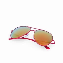 A pair of red aviator sunglasses with reflective lenses, featuring a slim metallic frame.