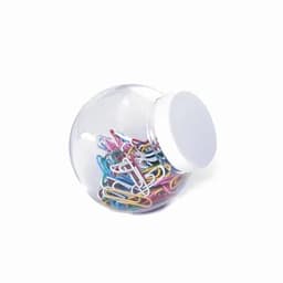 A clear jar containing various coloured paperclips, with a white lid on top.