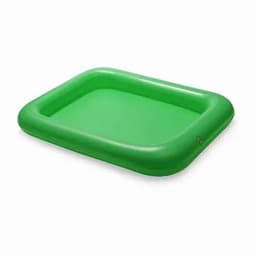 An inflatable green pool with a rectangular shape and rounded edges. It has a smooth surface.