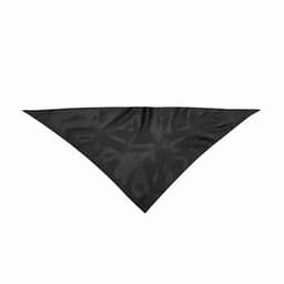 A triangular black bandana made of a smooth fabric with a slight sheen, featuring a logo.