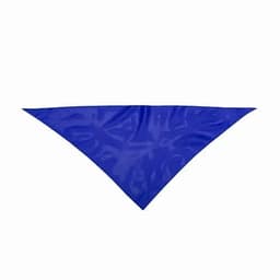 A triangular promotional flag in a vibrant blue colour, featuring a simple design and texture.
