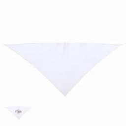 A triangular white bandana featuring a small logo on the corner.