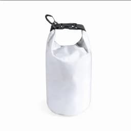 A dry bag in white with a black clip, designed for waterproof storage. Features a roll-top closure.