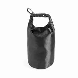 A dry bag in black, featuring a roll-top closure and a clip for secure fastening. Ideal for outdoor activities.
