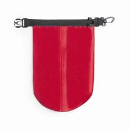 A red promotional product featuring a curved bottom and a black fastening strap. It has a branding logo.
