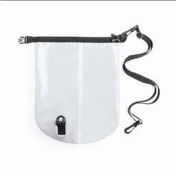 A white waterproof bag with a black strap and clips, featuring a secure closure mechanism at the bottom.