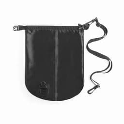 A black waterproof pouch with a strap and a clip, featuring a minimalist design and a logo.